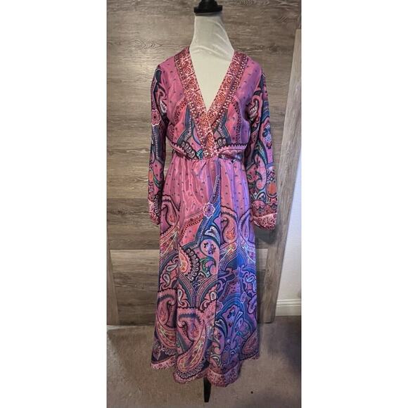 Vintage maxi dress sz M vacation resort Cleopatra Pink Long V Neck - Picture 1 of 10
